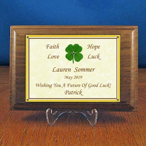 personalized four leaf clover walnut plaque